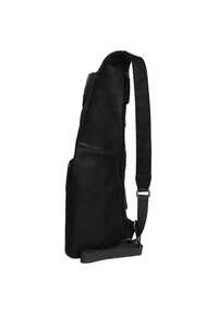 Borsa a tracolla in pelle nera con chiusura a zip, caratterizzata da un design diagonale, cintura regolabile e due tasche esterne per la conservazione.