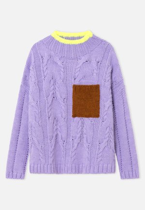 Lavender cable-knit sweater with a neon yellow ribbed collar and a brown knit patch pocket on the left chest.