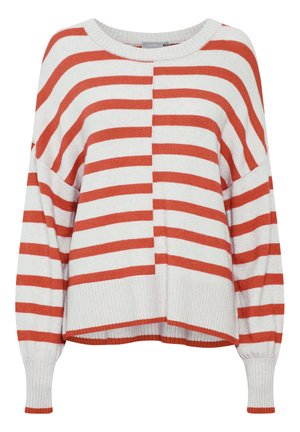 Sarkans un balts svītrots džemperis ar laivu stilu kakla izgriezumu un ribinātām piedurknēm. Tam ir brīvs piegriezums un mīksta trikotāžas tekstūra.