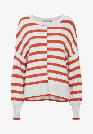 Pulover s crveno-bijelim prugama, s brodskim izrezom i rebrastim manžetama. Ima opušteni kroj i meku pletenu teksturu.