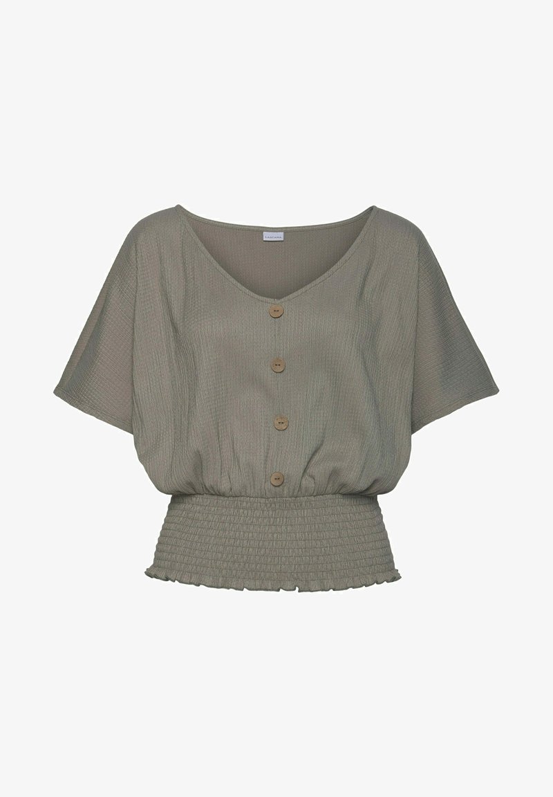 Blusa verde oliva con scollatura a V ampia, quattro bottoni in legno e maniche corte. Presenta un orlo smock e un tessuto strutturato.