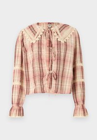 Blusa a quadretti rosa e beige con maniche lunghe, colletto in pizzo a scallop, chiusura frontale con fiocco e polsini elastici arricciati con dettagli in pizzo.