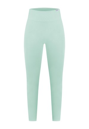 Vihreät mintunväriset legginsit, joissa on sileä pinta, korkea vyötärö ja kapenevat lahkeet. Ominaisuuksiin kuuluu vain vähäiset saumat ja ei näkyviä taskuja.