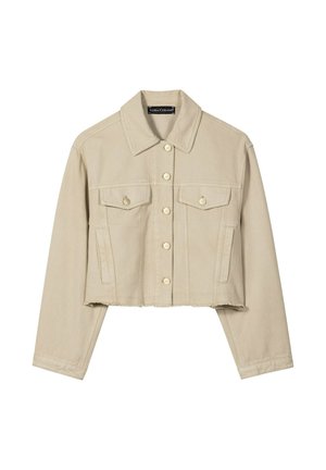 Beige cropped Jeansjacke mit langen Ärmeln, Knopfleiste, zwei Brustklappentaschen und rohem Saumdetail.