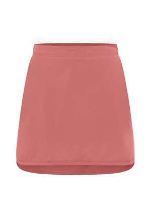 Ein rosa gewobener Rock mit glatter Textur, A-Linie-Silhouette und elastischem Bund. Keine sichtbaren Muster oder Hardwaredetails.