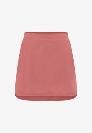 Ein rosa gewobener Rock mit glatter Textur, A-Linie-Silhouette und elastischem Bund. Keine sichtbaren Muster oder Hardwaredetails.