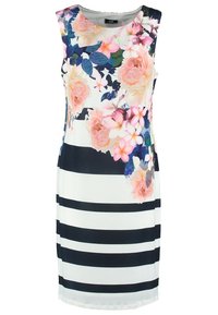 Mouwloze jurk met een bloemenpatroon in roze en wit, gecombineerd met horizontale marineblauwe strepen. Gladde stof en knielange ontwerp.