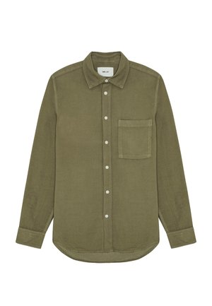 Olijfgroene overhemd met lange mouwen, gemaakt van textuurstof. Heeft een knoopsluiting aan de voorkant, een kraag, een enkele borstzak en een ronde zoom.