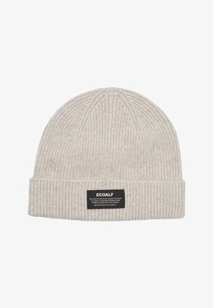 Berretto a coste grigio chiaro con risvolto e toppa rettangolare nera con l'etichetta "ECOALF" che presenta un messaggio di sostenibilità.