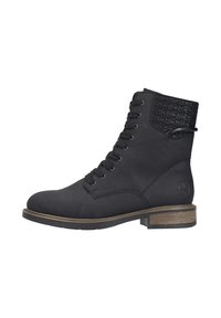 Bottines noires en matériau texturé, avec un design à lacets, un bout rond et un petit talon en bois avec un accent tissé noir.