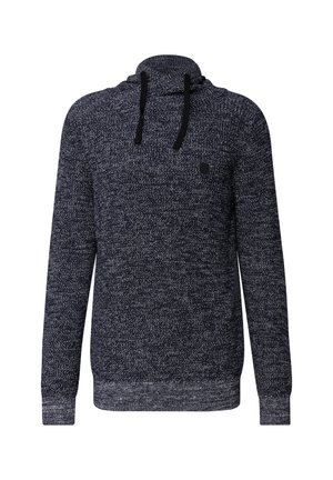 Marineblå og grå meleret strikpullover med lange ærmer og høj funnel-neck med sorte snore.