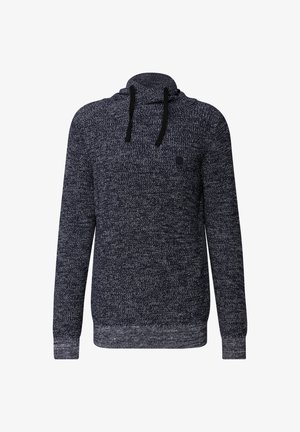 Marineblå og grå meleret strikpullover med lange ærmer og høj funnel-neck med sorte snore.