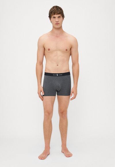 Graue Baumwoll-Boxershorts mit kontrastierendem schwarzem Bund, der das Markenlogo trägt, passgenauer Schnitt und glatte Oberfläche.