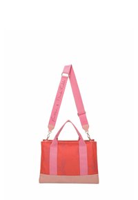 Sac fourre-tout corail et rose avec deux poignées et une bandoulière réglable. Présente une texture lisse et un motif floral subtil. Finitions satinées.