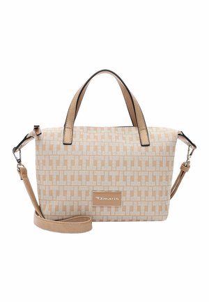 Sac à main rectangulaire beige et fauve à motifs, avec deux anses, une bandoulière ajustable et une plaque logo "Tamaris" sur le devant.