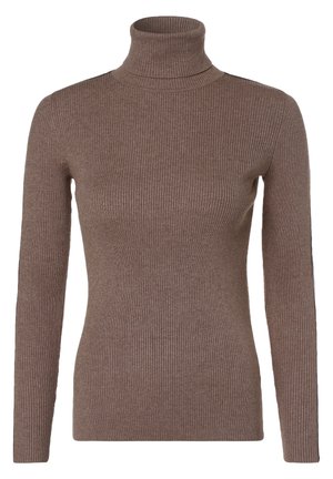 Jersey de cuello alto marrón con canalé, de manga larga, silueta ajustada y textura de punto.