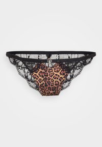 Schwarzer Spitzen-Tanga mit Leopardenmuster in der Mitte, ausgestattet mit einem Ringakzent. Das Design umfasst filigrane Spitzenränder und kontrastierende Texturen.