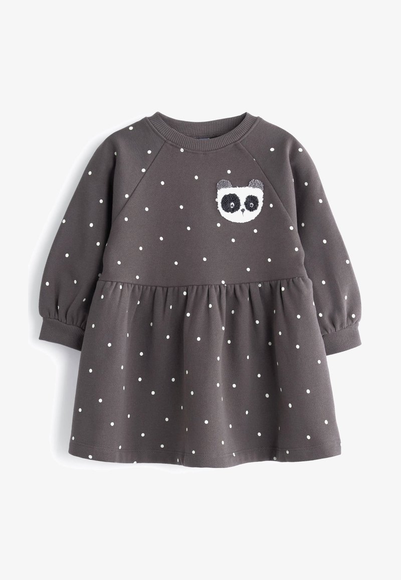 Robe longue à manches longues pour tout-petit de couleur gris foncé, ornée de pois blancs et d'un petit patch en forme de visage de panda sur la poitrine.