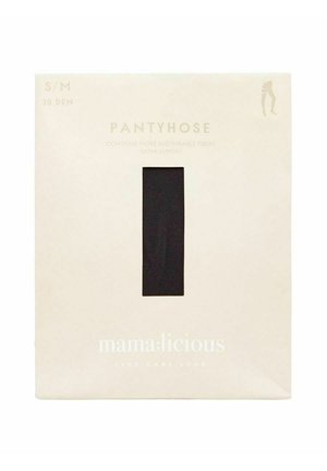 Melna zeķubikšu iepakojums krēmkrāsas kastē ar caurspīdīgu logu. Izmērs S/M, 30 den, marķēts ar informāciju par ilgtspējīgajiem šķiedrvielām.