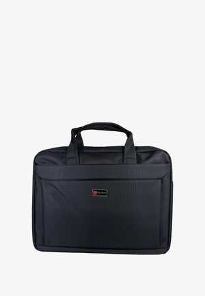 Sacoche noire pour ordinateur portable en tissu durable, dotée de deux poignées supérieures, d'une poche avant et d'un emblème de marque à l'avant. Texture lisse.