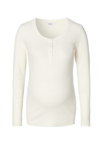 Cremfarbendes Langarmshirt aus geripptem Stoff mit Rundhalsausschnitt und Knopfleiste vorne. Bietet eine weiche Textur und eine figurbetonte Passform.
