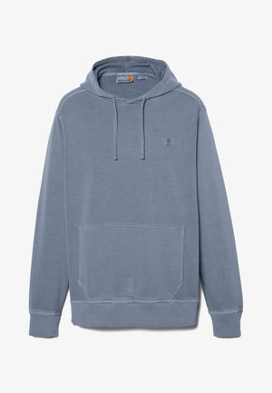 Harmaa puuvillaneule, jossa on edessä kengurupussi, säädettävä hupun naru, ribbitetut hihansuut ja pieni logo rinnassa.