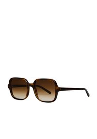 Ochelari de soare de culoare maro cu un model țestoasă, cu formă pătrată, lentile cu gradient și brațe subțiri. Finisaj texturat pe rame, design minimalist.