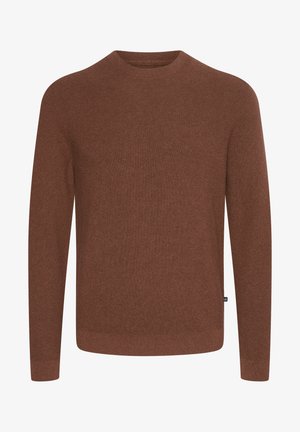 Brun strikket sweater med rund halsudskæring, lange ærmer og ribbet tekstur. Har et enkelt design uden udsmykninger.