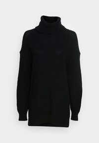 Černý pletený svetr s vysokým rolákem, širokými rukávy, žebrovanou texturou a volným střihem. Vyznačuje se oversized stylem a jednobarevným provedením.