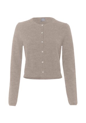 Lichtbruine cropped vest met lange mouwen, ronde halslijn en zeven witte knopen aan de voorkant.