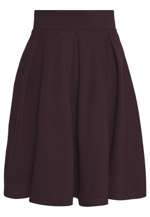 Burgundy pleated skirt made of soft fabric with a fitted waistband and flared hem, featuring smooth texture and clean stitching details.