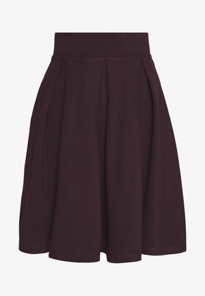 Burgundy pleated skirt made of soft fabric with a fitted waistband and flared hem, featuring smooth texture and clean stitching details.