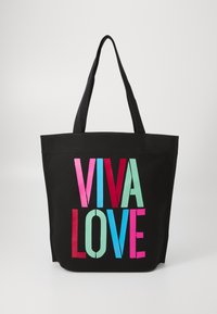 Juoda rankinė su ryškiai rožine, šviesiai mėlyna ir turkio spalvos "VIVA LOVE" užrašu. Pagaminta iš tvirto audinio su patikimomis rankenėlėmis.