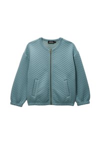 Veste matelassée bleu clair avec une fermeture éclair à l'avant, deux poches latérales et des poignets élastiques. Fabriquée à partir d'un tissu doux et texturé.