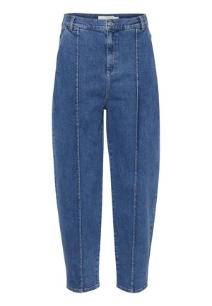 Aukštos juostos mėlynos džinsinės kelnes su siaurėjančiomis kojomis, turinčios priekinės siūlės ir standartinius diržo kilpelius. Lygus paviršius ir minimalūs papuošimai.