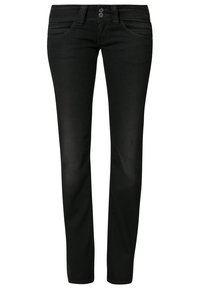 Jeans de mezclilla negros con un corte slim, dos bolsillos frontales y un pequeño bolsillo para monedas. Presenta detalles de costura sutiles y un cierre clásico de botón.