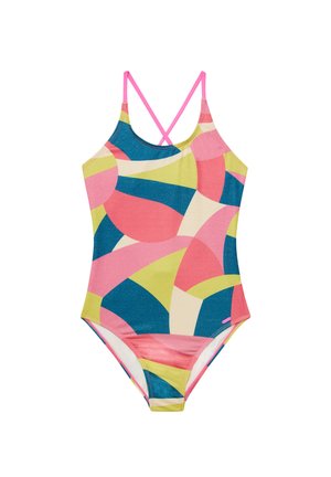 Maillot de bain une pièce multicolore avec des motifs géométriques roses et bleus, doté de fines bretelles roses et d'un design ajusté.