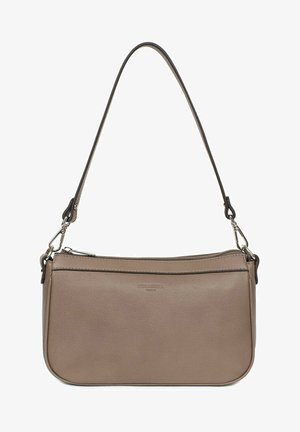 Sac à main en cuir brun clair avec une texture lisse, en forme rectangulaire, une seule bandoulière et une fermeture supérieure zippée.