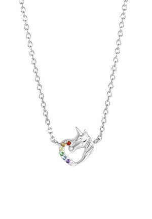 Zilveren ketting met een eenhoornhoofd hanger met een regenboog van edelsteenaccenten en een hartvormige omtrek.