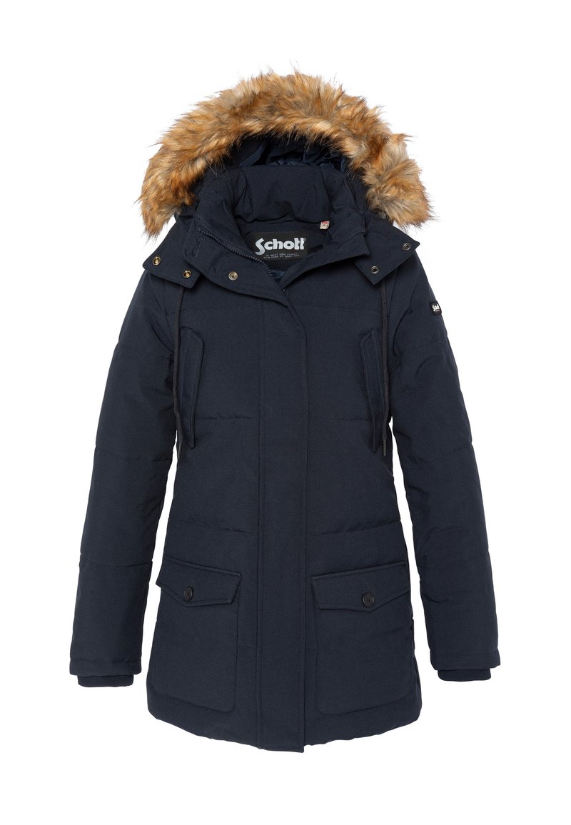Chaqueta de invierno aislante en azul marino con capucha con borde de piel, cremallera frontal con botones a presión, dos bolsillos en el pecho y dos bolsillos frontales con solapa.