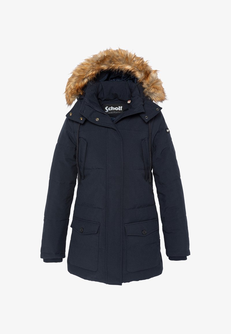 Chaqueta de invierno aislante en azul marino con capucha con borde de piel, cremallera frontal con botones a presión, dos bolsillos en el pecho y dos bolsillos frontales con solapa.