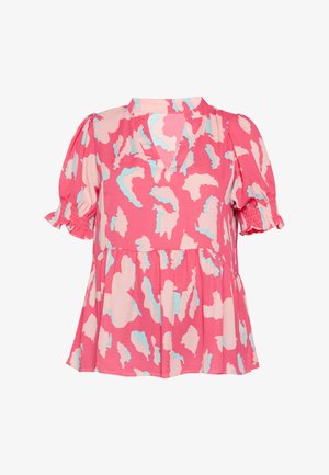 Rosa Bluse mit hellrosa und blauem abstraktem Muster, kurzen Puffärmeln mit smockierten Bündchen und einem V-Ausschnitt mit kleinem Stehkragen.