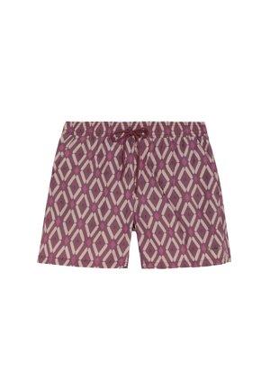 Bañadores para hombre con patrón geométrico de diamantes en tonos ciruela y rosa, y cintura con cordón.