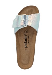 Sandaletta con una fascia iridescente bianca, fibbia argento e una soletta marrone texture. Nome del marchio "palado" stampato sulla soletta.