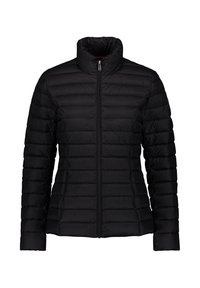 Giacca piumino imbottita nera da donna con collo alto e cerniera frontale, progettata per il calore e un uso casual.