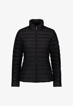 Doudoune matelassée noire pour femme avec col montant et fermeture éclair avant, conçue pour la chaleur et une tenue décontractée.