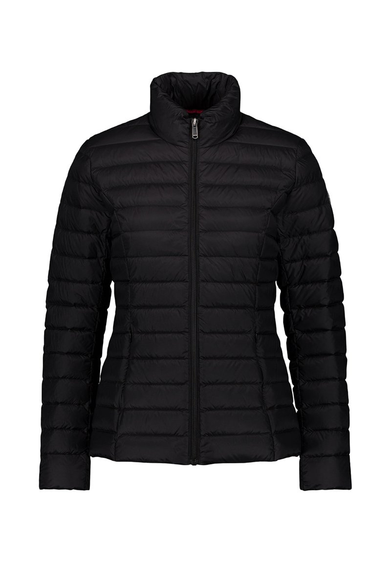 Giacca piumino imbottita nera da donna con collo alto e cerniera frontale, progettata per il calore e un uso casual.