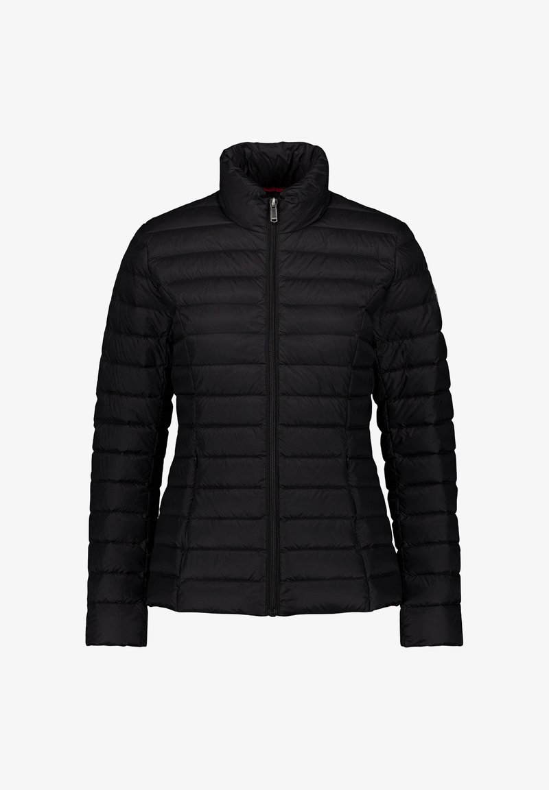 Giacca piumino imbottita nera da donna con collo alto e cerniera frontale, progettata per il calore e un uso casual.