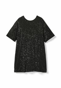 Cămașă scurtă, neagră, cu mânecă scurtă, acoperită cu paiete, având un decolteu rotund și o croială lejeră, creând o suprafață texturată și reflectorizantă.