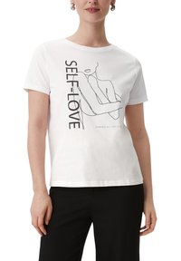 Weißes Baumwoll-T-Shirt mit einem Linienkunst-Design und dem Text "SELF-LOVE" in Schwarz. Kurzärmlig und mit lockerer Passform. Subtle Rundhalsausschnitt.